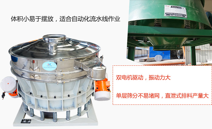 雙電機(jī)驅(qū)動(dòng)，振動(dòng)力大，單層篩分不易堵網(wǎng)，直泄式排料產(chǎn)量大