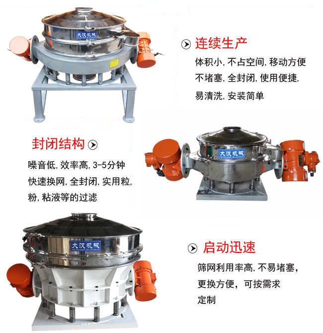 直徑1000mm直排篩特點(diǎn)：連續(xù)生產(chǎn)：體積小，不占空間，移動(dòng)方便，不堵塞，全封閉，使用便捷，易清洗，安裝簡單。封閉結(jié)構(gòu)：噪音低，效率高，3-5分鐘，快速換網(wǎng)，全封閉，實(shí)用粒，粉粘液等的過濾。啟動(dòng)迅速：篩網(wǎng)利用率高，不易堵塞，更換方便，可按需求定制。