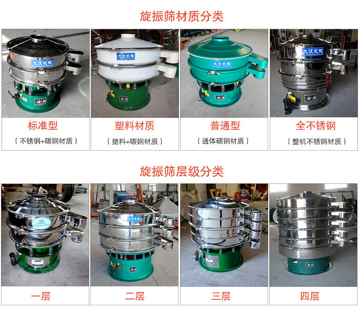 旋振篩材質分類：塑料，全不銹鋼等旋振篩層級分類：一層，兩層，三層，四層等。